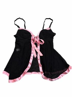 90s/Y2K European Vintage Sheer Ruffle Tie Front Babydoll Cami Top (Black/Pink) M